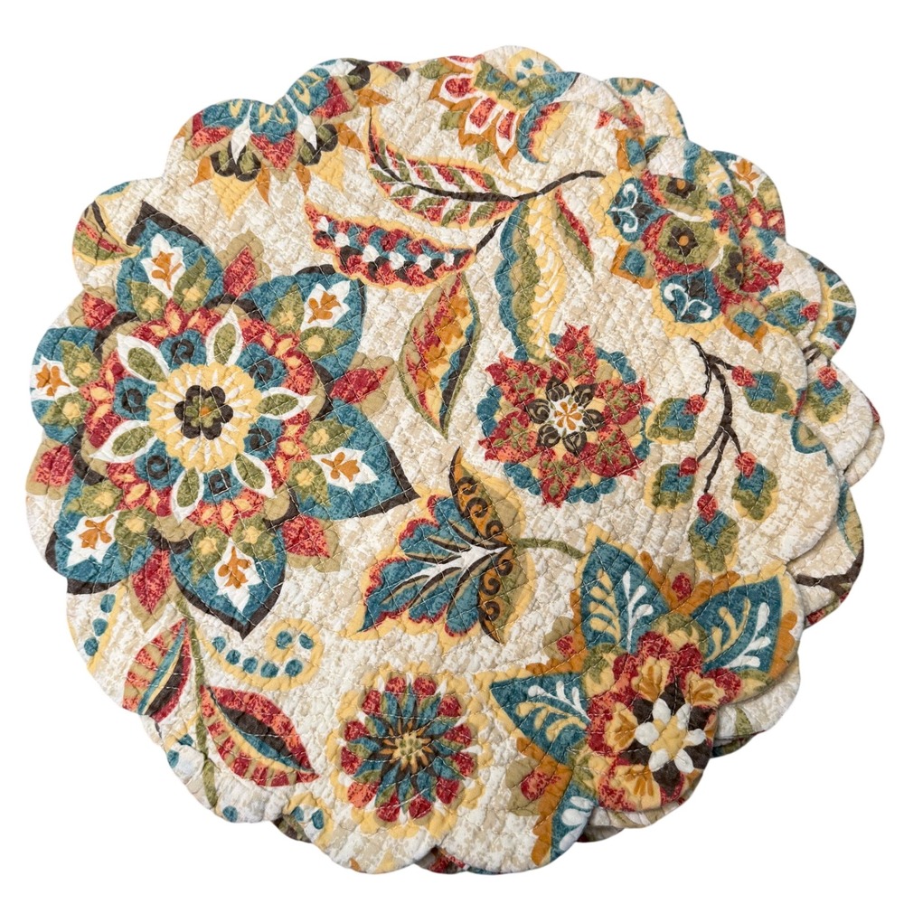 C&F Home Fiona Jacobean Reversible Quilted Placemats Floral scalloped cotton